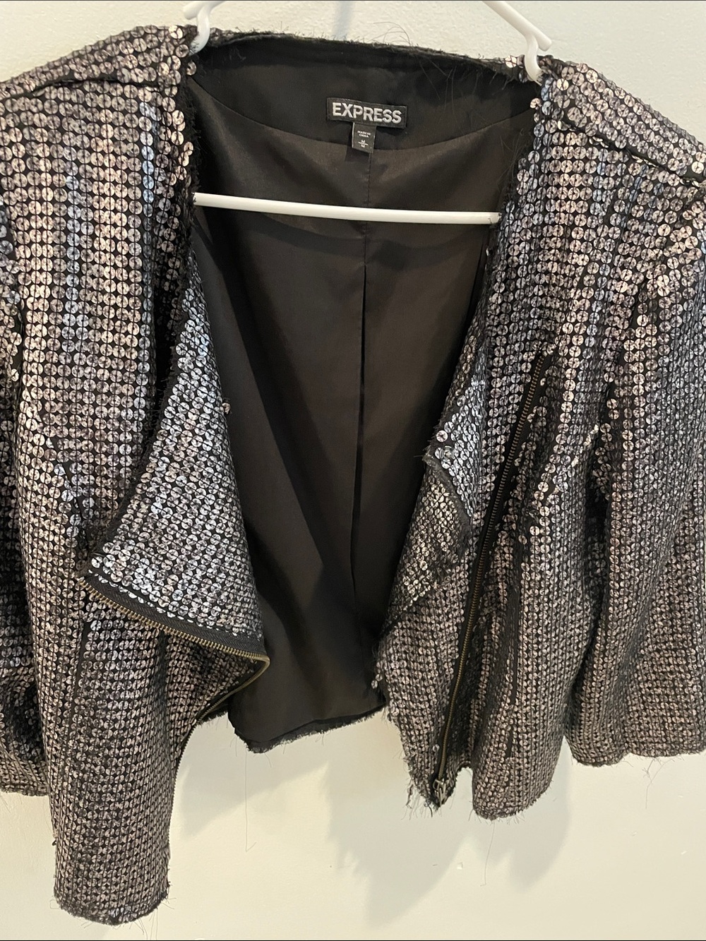 Express Metallic Silver-Black Sequin Tweed Moto Blazer